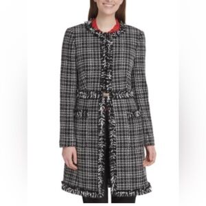 NWT Dkny Tweed Plaid Topper Jacket Black White  Sz 12